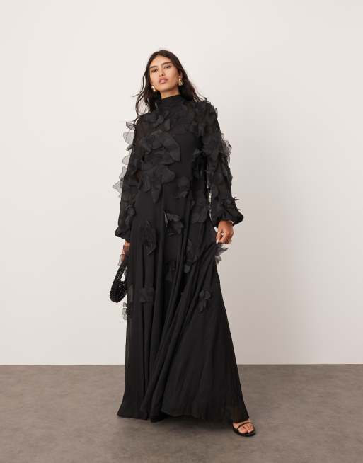 ASOS EDITION Trapezformiges Maxikleid in Schwarz mit ganzflachiger Blumenapplikation und gebundenem Ausschnitt