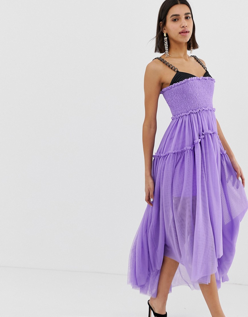 ASOS EDITION tulle dip back maxi dress with chain straps-Purple