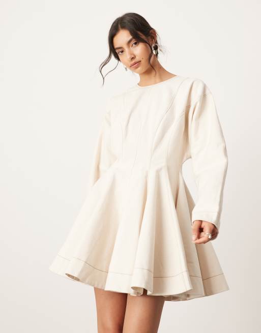 ASOS EDITION twill long sleeve mini dress with seam details in ecru, 2 of 4