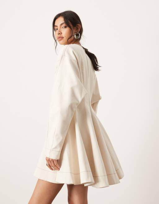 ASOS EDITION twill long sleeve mini dress with seam details in ecru, 4 of 4