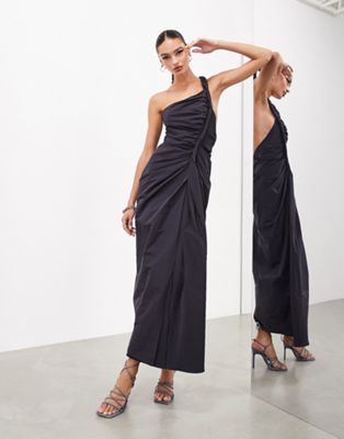 Asos Design Twist Detail One Shoulder Maxi Dress In Steel Gray-black