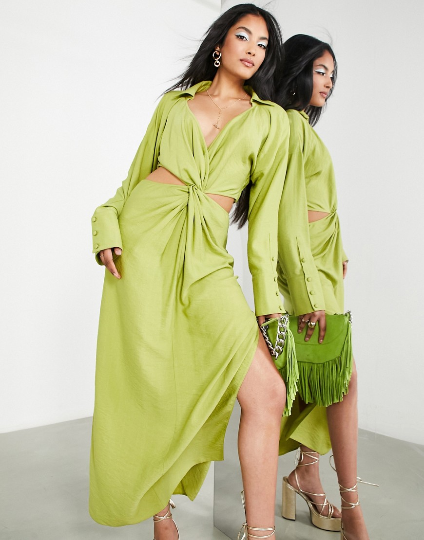 Asos Edition Twist Front Midi Shirt Dress With Cut Out Back In Kiwi Green