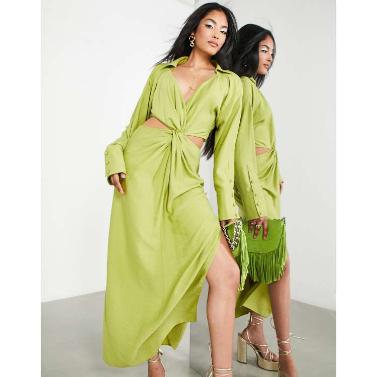 Green Twist Front Cut Out Midi Dress