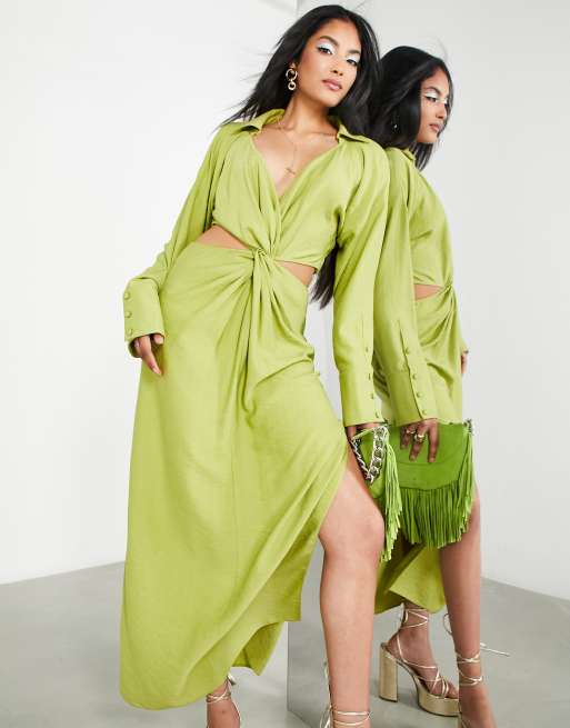 ASOS EDITION twist front midi shirt dress with cut out back in kiwi green