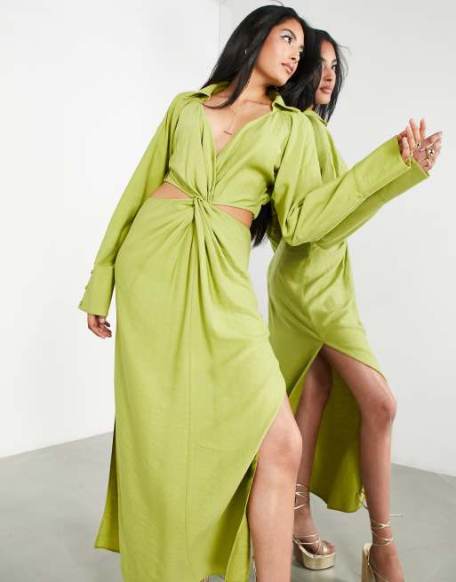 ASOS EDITION twist front midi shirt dress with cut out back in kiwi green