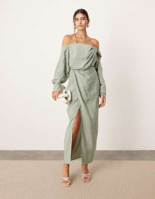 Asos Design Twist Off-shoulder Midi Dress With Cut-out Detail In Sage Green