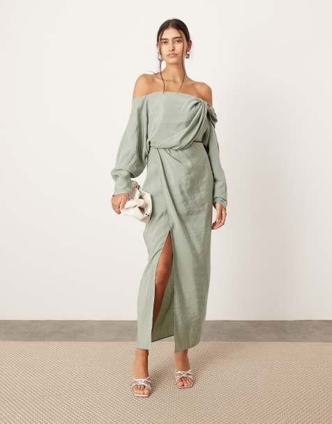 ASOS EDITION twist off shoulder midi dress with cut out detail in sage green - view 1
