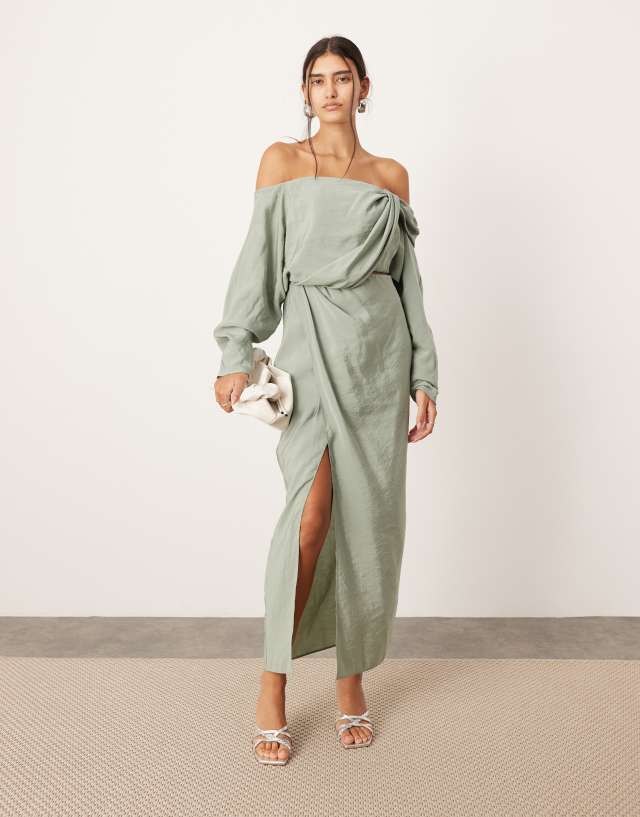 ASOS EDITION - twist off shoulder midi dress with cut out detail in sage green