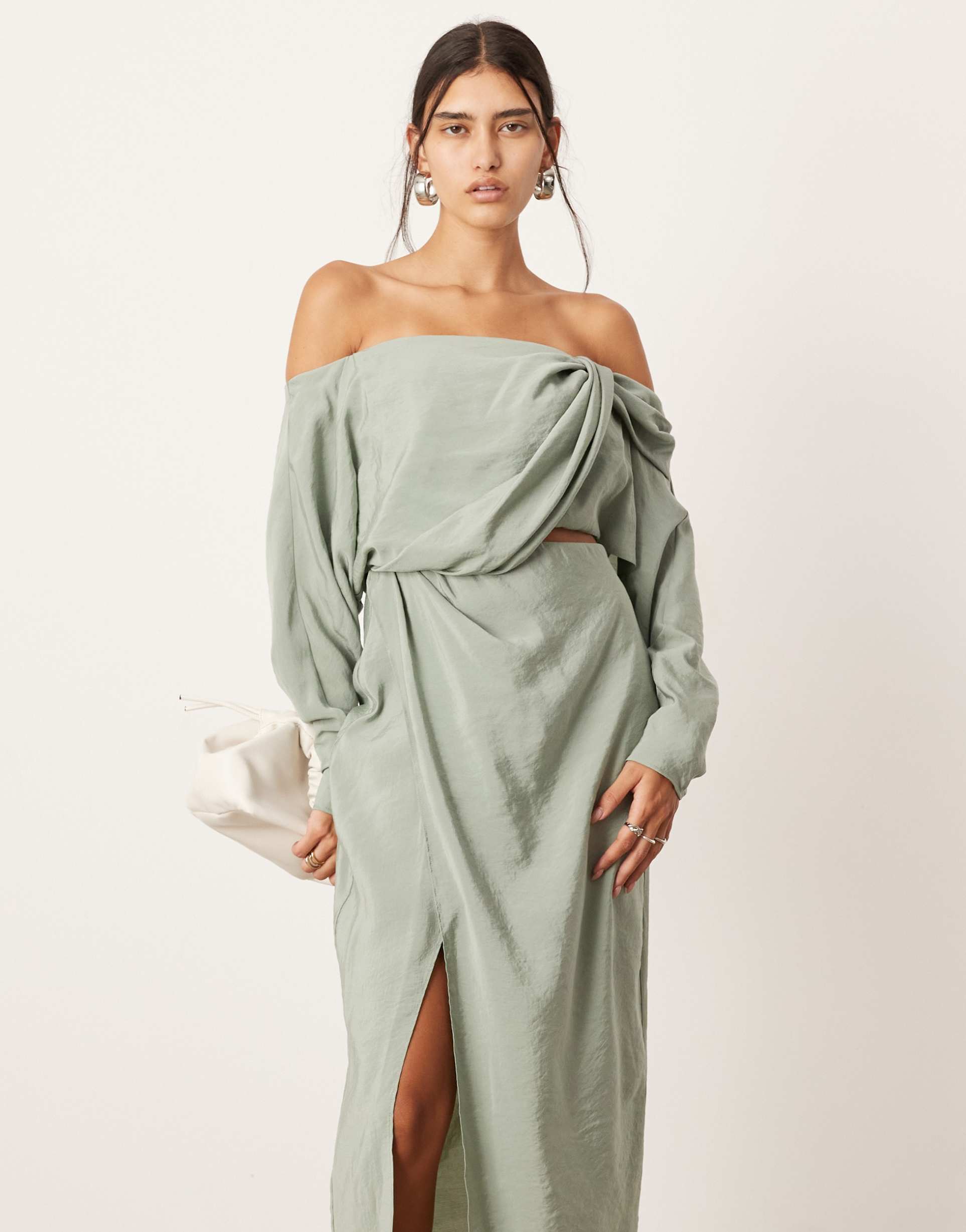 asos edition twist off-shoulder midi dress with cut-out detail in sage green