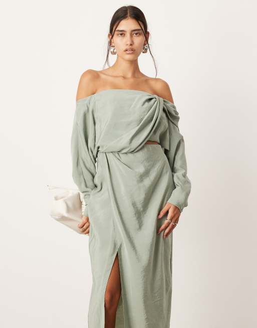 Asos green off the shoulder dress hotsell