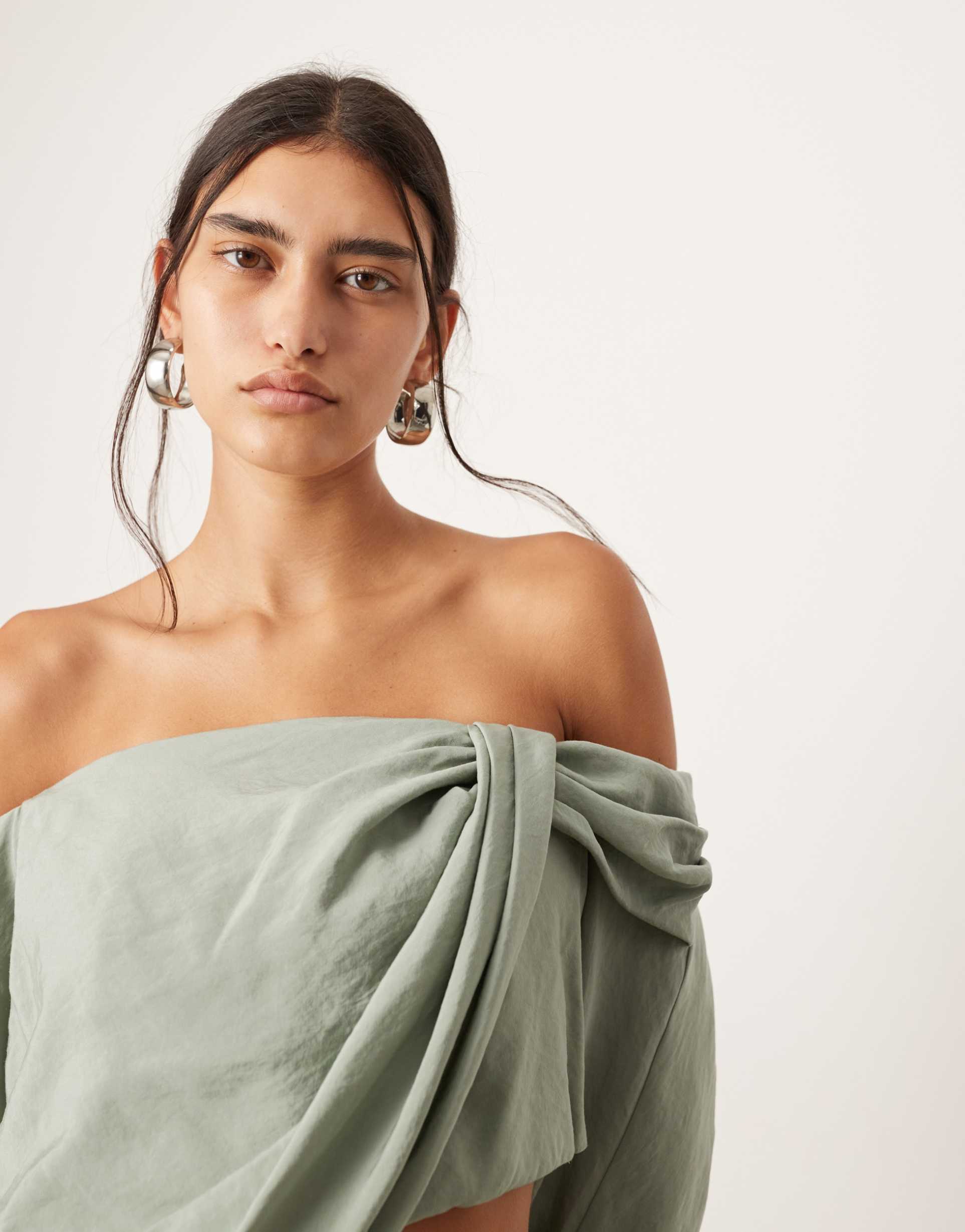 asos edition twist off-shoulder midi dress with cut-out detail in sage green