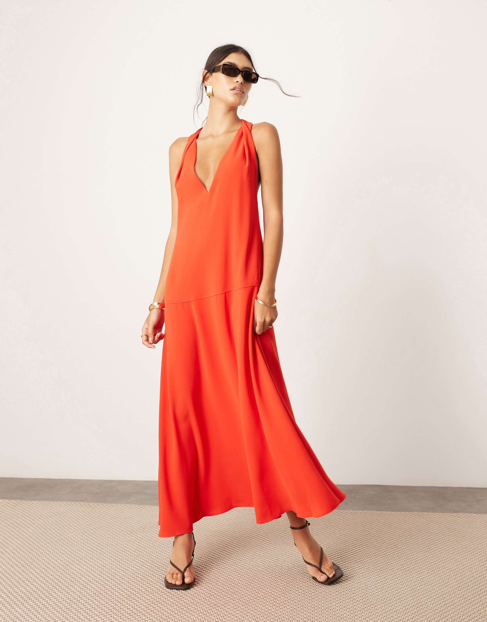 asos edition twist shoulder detail maxi dress with drop waist in red