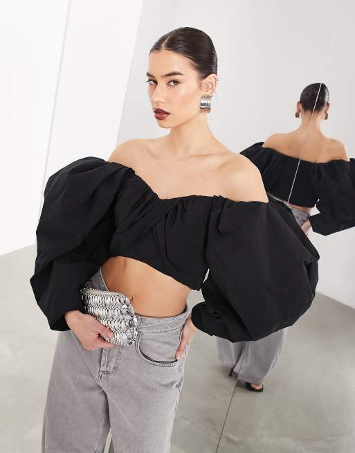 ASOS DESIGN off-shoulder corset top with puff sleeves in black