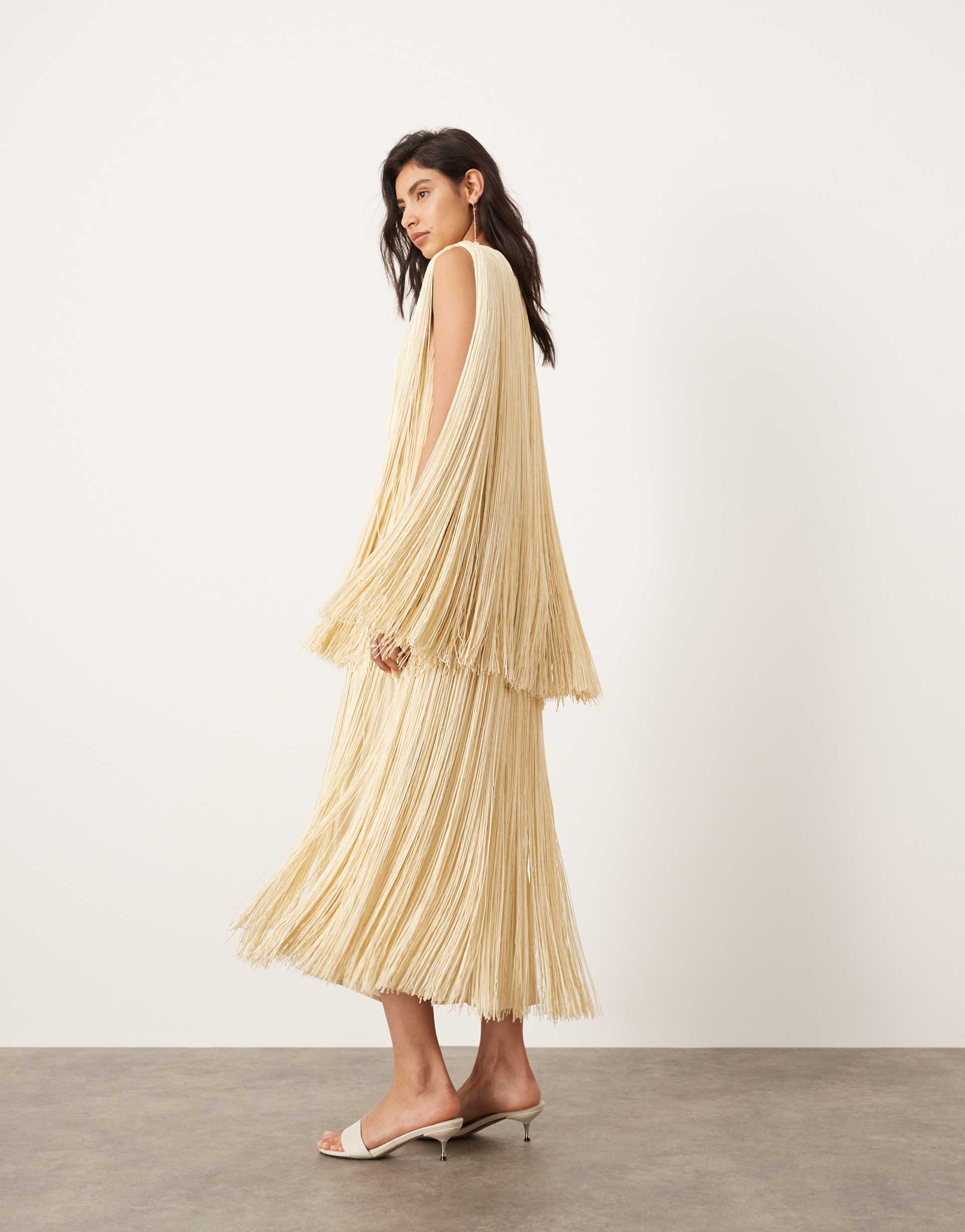 asos edition ultimate fringe layered column maxi dress in buttermilk