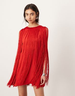 Asos Design Ultimate Fringe Trapeze Mini Dress In Red
