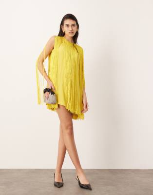 ASOS EDITION ultimate fringe trapeze mini dress in yellow-Black