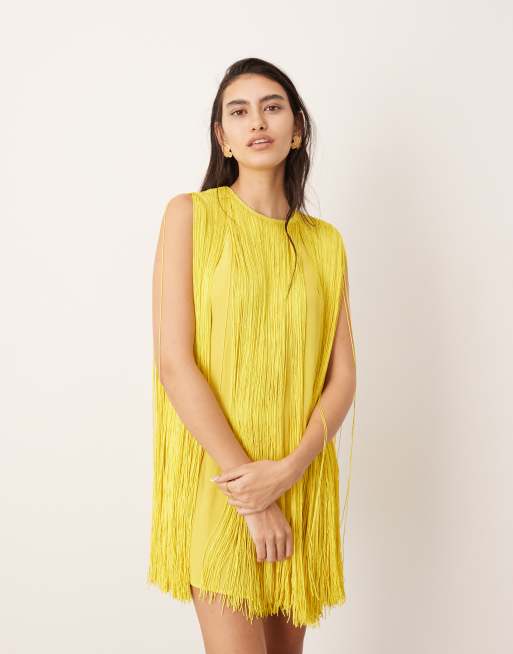 ASOS EDITION – Ultimate – Gul miniklänning i trapeze-design med fransar, 3 av 4