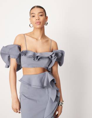 Asos Design Ultimate Raw Edge Ruffle Crop Top In Blue - Part Of A Set