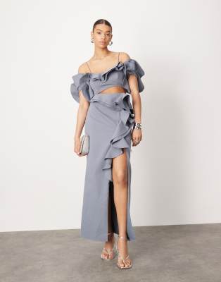 ultimate raw edge ruffle maxi skirt in blue - part of a set