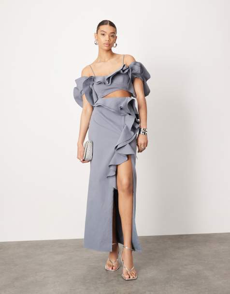 ASOS EDITION ultimate raw edge ruffle maxi skirt in blue - part of a set - view 1