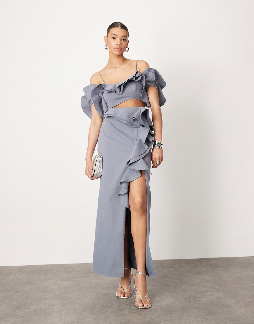 Asos Design Ultimate Raw Edge Ruffle Maxi Skirt In Blue - Part Of A Set