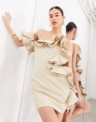 ASOS EDITION premium structured raw edge ruffle bandeau mini dress in taupe