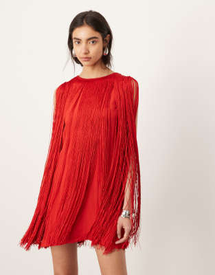 ASOS EDITION - Ultimate - Trapezförmiges Minikleid in Rot mit Fransenbesatz