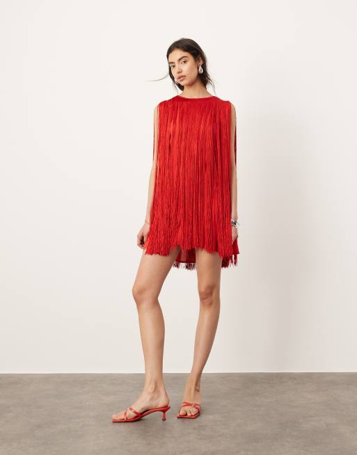 ASOS Edition - Ultimate - Vestito corto a trapezio rosso con frange, 4 di 4