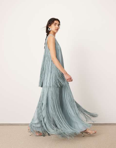 ASOS EDITION - Ultimate - Vestito lungo blu polvere con scollo a vogatore e frange - view 1