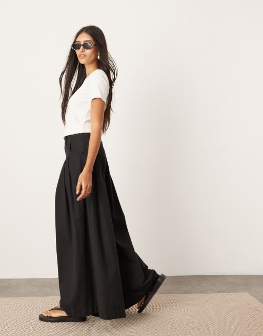 ASOS EDITION ultra wide leg linen look mid rise pleat front pants in black, 3 of 5