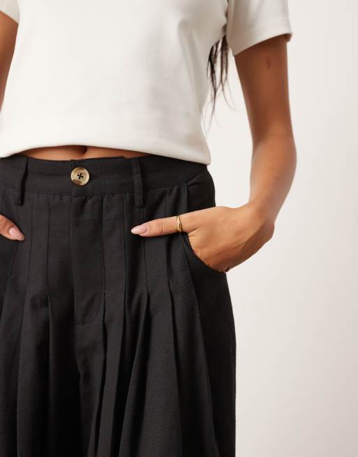 ASOS EDITION ultra wide leg linen look mid rise pleat front pants in black, 4 of 5