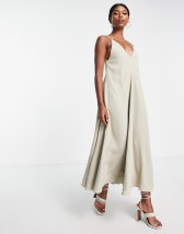 Flounce London satin wrap midi dress in beige | ASOS