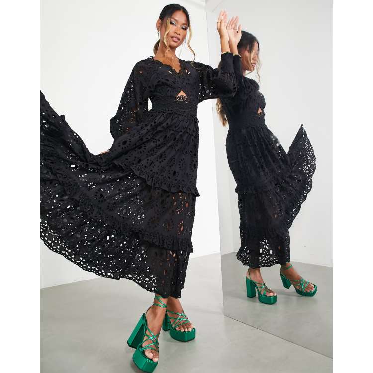 asos edition broderie shirt dress in black ASOS Edition V-neck broderie midi dress with puff sleeves in black