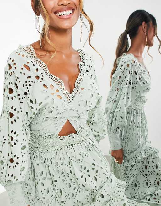 ASOS EDITION v neck broderie midi dress with puff sleeves in sage green |  ASOS