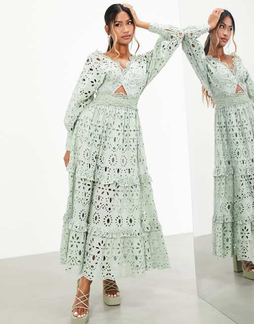 ASOS EDITION v neck broderie midi dress with puff sleeves in sage green |  ASOS