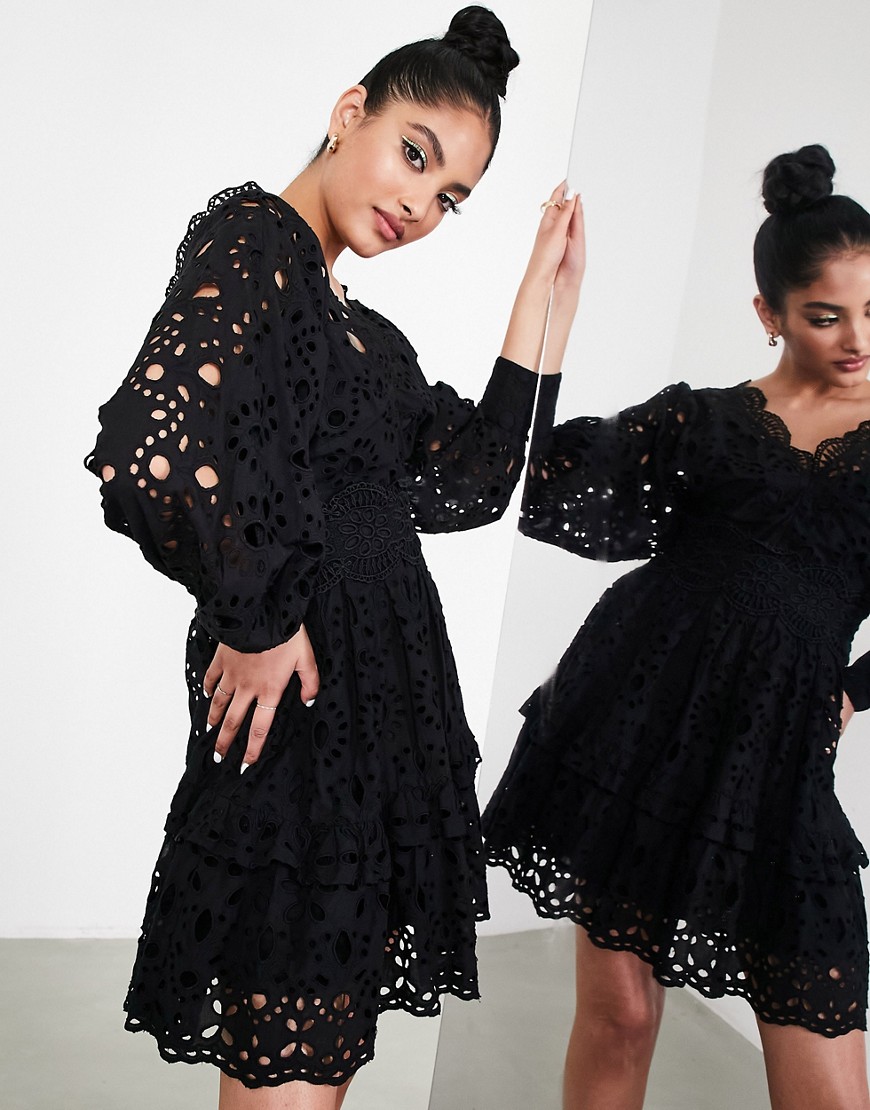 Asos Edition V Neck Broderie Mini Dress With Puff Sleeve In Black