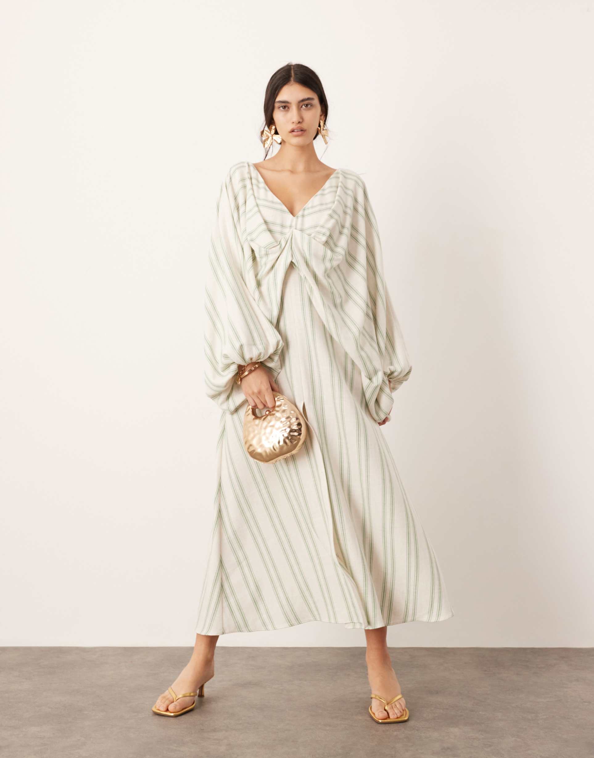 asos edition v neck drapey maxi dress in linen mix stripe