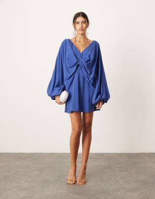 v neck drapey mini dress in blue-Orange