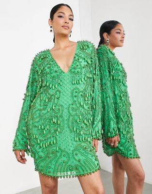 Asos Design V Neck Embellished Mini Shift Dress With Teardrop Beads In Bright Green