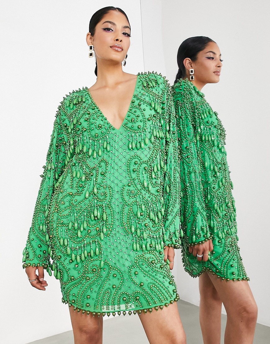 ASOS EDITION v neck embellished mini shift dress with teardrop beads in bright green