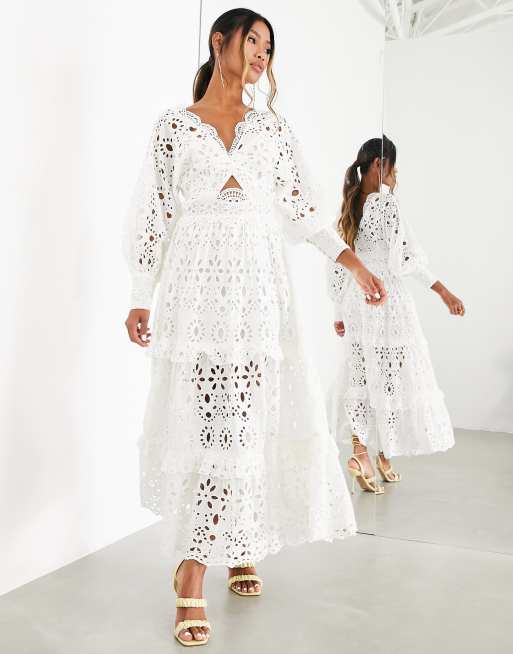 ASOS EDITION v neck eyelet midi dress with puff sleeve in white