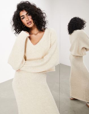 ASOS EDITION v neck long sleeve knitted jumper in stone