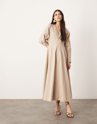 Asos Design V Neck Long Sleeve Midaxi Dress In Stone-neutral