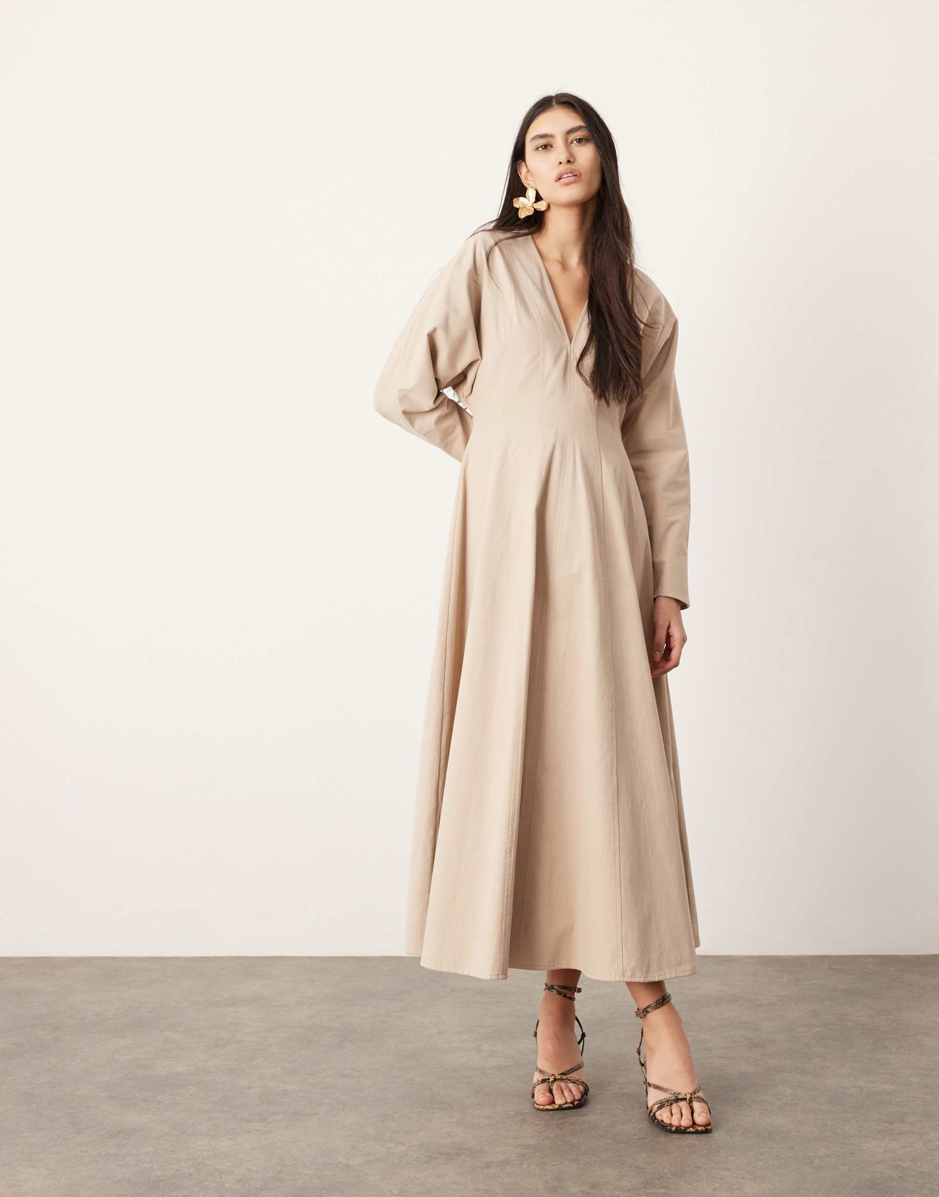 asos edition v neck long sleeve midaxi dress in stone