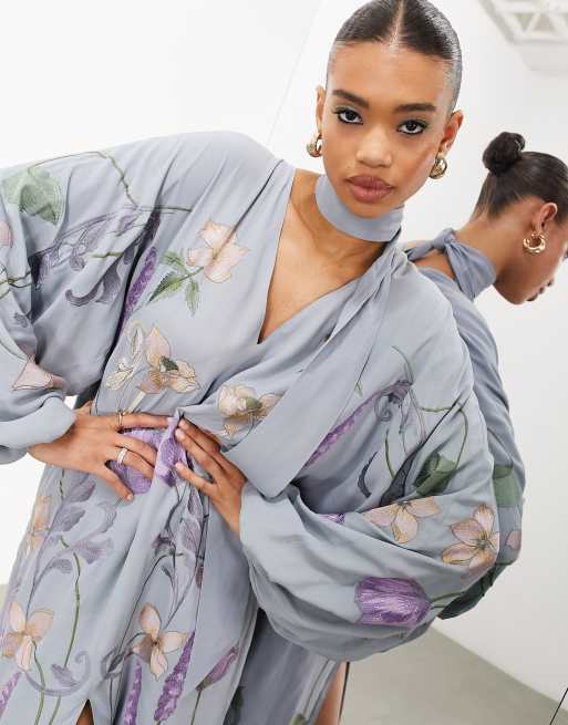 ASOS EDITION v neck midi dress with ornamental floral embroidery in dusky  blue | ASOS