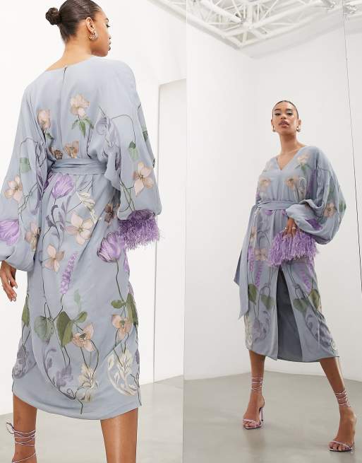 Blue Asos Design Pleated High Neck Midi Dress With Embroidery ASOS EDITION  V-neck Midi Dress With Ornamental Floral Embroidery In Dusky Blue ASOS
