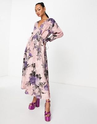 Asos Design V Neck Oversized Midi Dress With Drawstring In Dusky Pink Print