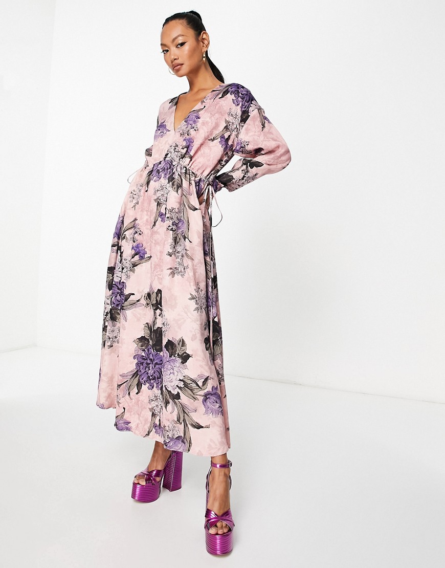 ASOS EDITION v neck oversized midi dress with drawstring in dusky pink print