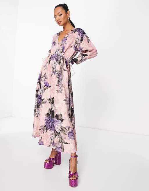 ASOS EDITION satin floral embroidered midi dress in violet