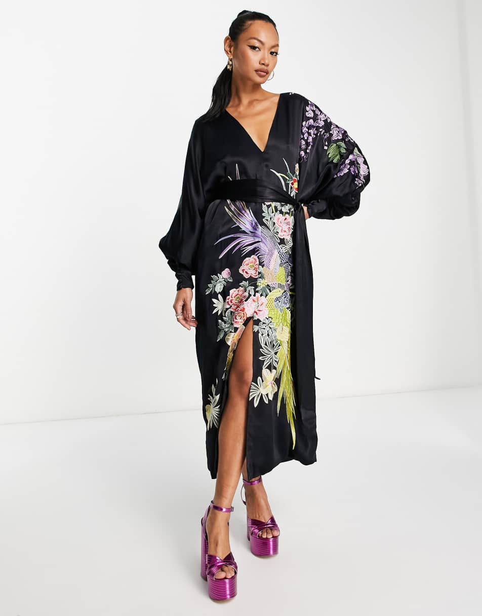 ASOS EDITION v neck statement floral and phoenix dress midi dress with tie  in black